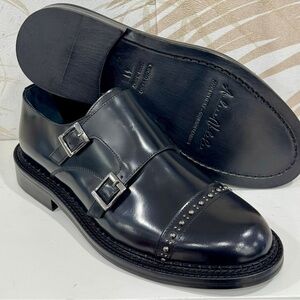 Black Leather Men's double monk studded cap toe Shoes